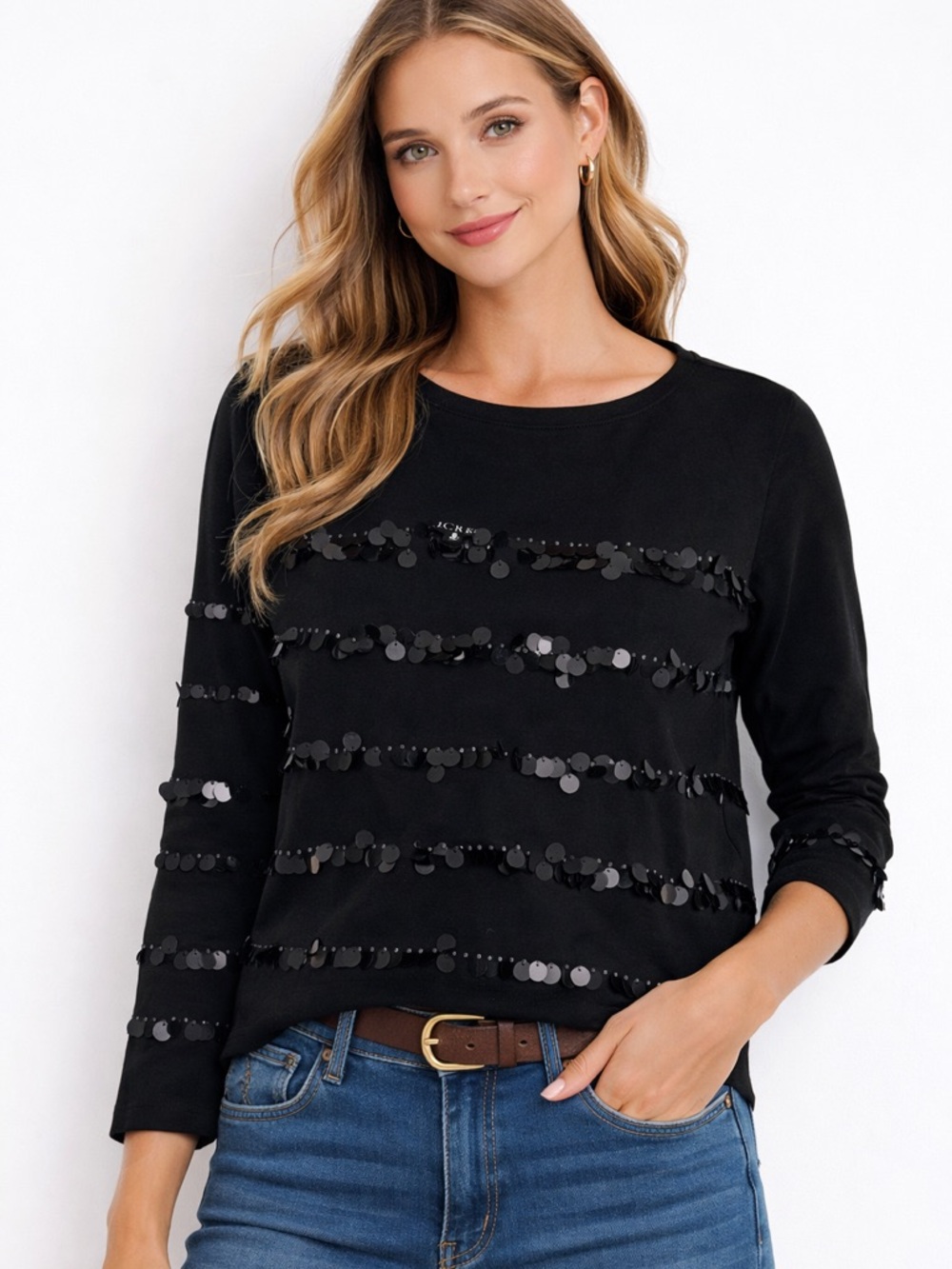 J.Crew Mariner Cloth Black Sequin Embellished Top Long Sleeve NWT Size XL